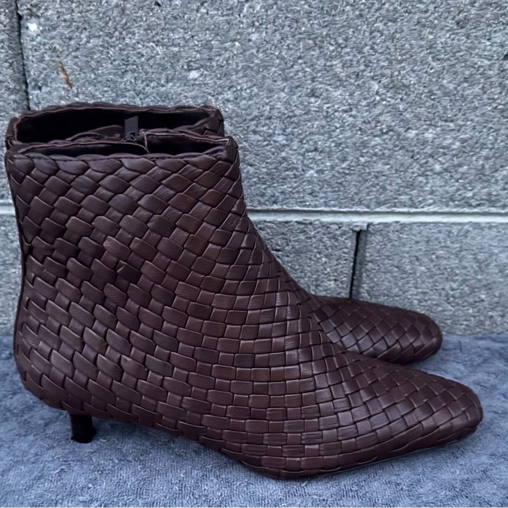 LOEFFLER RANDALL MARCELLA WOVEN BROWN LEATHER BOOTIE SIZE 7.5